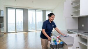 Create a high-quality, photorealistic commercial photograph showing a professional cleaner performing move-out cleaning in a modern, empty apartment in Dubai. The cleaner should wear a neat professional uniform and use a microfiber cloth to clean kitchen countertops, with professional cleaning supplies arranged nearby. Show a spotless, bright interior with clean floors, empty cabinets, large windows, and subtle Dubai skyline views in the background. The scene should communicate attention to detail, reliability, hygiene, and readiness for property handover. Use natural daylight, realistic textures, accurate human proportions, elegant modern interiors, and a premium property-services photography style. Wide horizontal composition, 16:9 aspect ratio, suitable for a professional cleaning company blog. No text, no logos, no watermark.