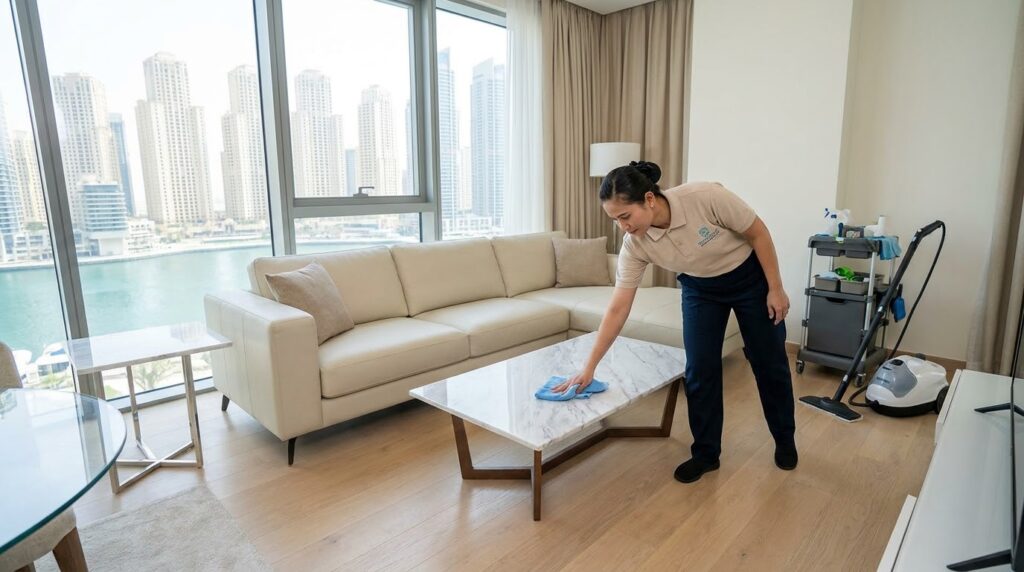 Professional cleaner tidying a modern apartment in Dubai Marina.