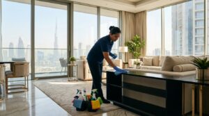 Professional home cleaning services in a modern Dubai apartment