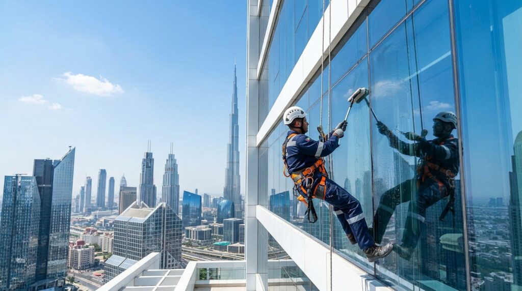 Rope access cleaning services in Dubai for high-rise glass buildings